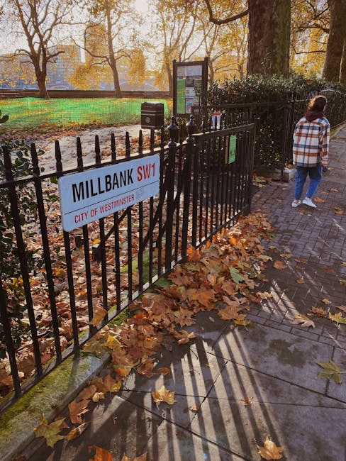 A close-up view of a black iron fence enclosing a park area on Millbank in Westminster, London, with a white sign indicating 'MILLBANK SW1' and 'CITY OF WESTMINSTER.' Fallen autumn leaves in shades of